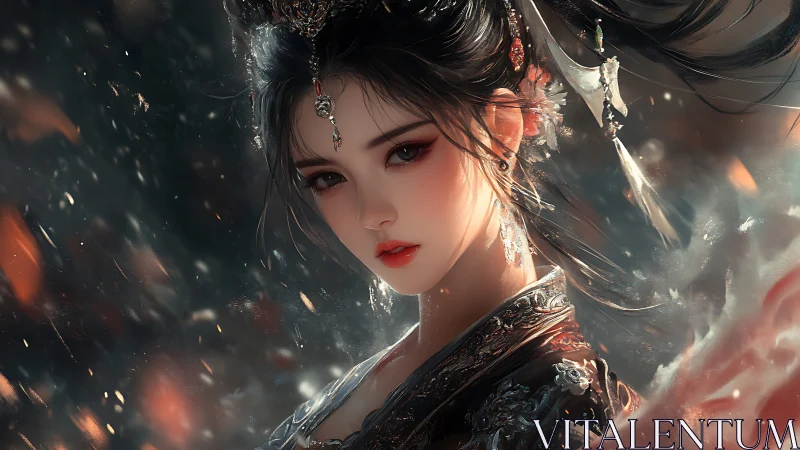 Ember-eyed moonlit empress amid swirling silver embers.