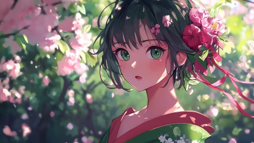 Green-eyed girl beneath soft cherry blossoms gazes quietly.