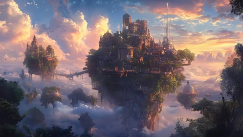 Floating citadel above clouds under radiant sunset sky.