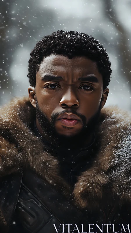 Stoic warrior in fur cloak stands amid falling snow.