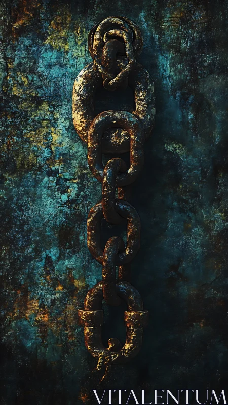 Weathered metal chain hangs boldly against textured teal wall