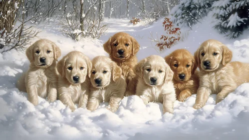 Multiple retriever puppies sit in snowy outdoor environment