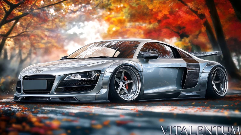 Modified silver sports coupe on forest road in autumn light.