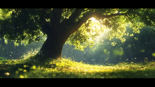 Majestic Oak Tree in Morning Sunlight, Lush Nature Landscape.
