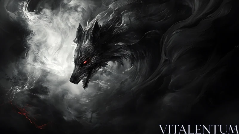 Monochrome spectral wolf head emerges from swirling dark mist