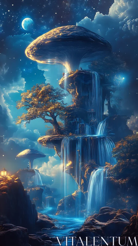 Moonlit mushroom waterfalls rise in a calm enchanted night
