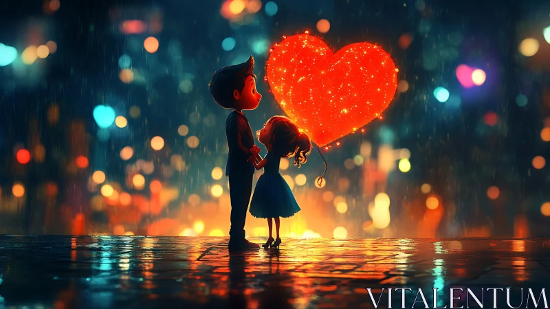 Children Holding Luminous Heart Against Urban Rain.