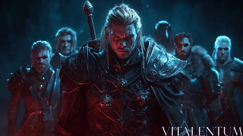 Battle-hardened warrior leaders in dramatic red blue rim light.