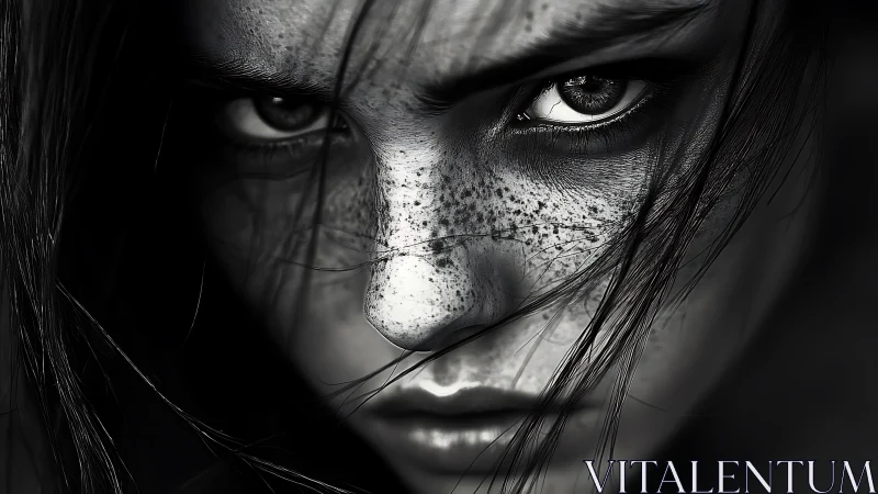 Intense freckled stare dominates a dramatic monochrome portrait.