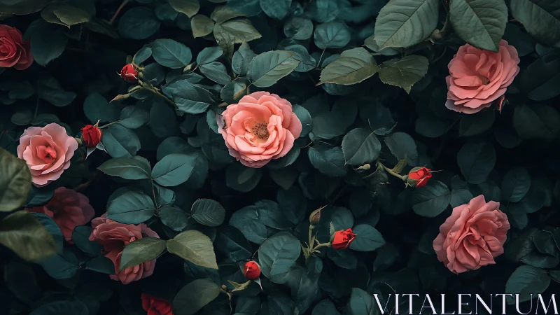 Pink Roses Bloom Among Lush Green Foliage in Serene Garden