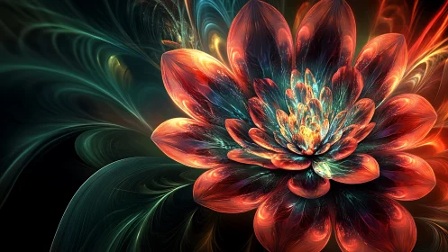 Fractal flower bloom with luminous red and teal petals.