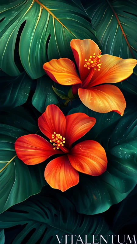 Red Hibiscus Blossoms Against Tropical Foliage.