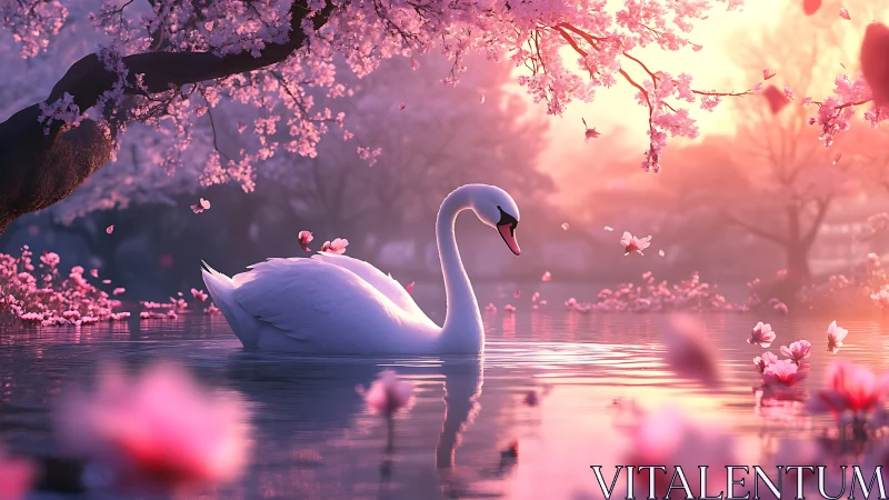 Graceful swan glides through dreamy pink cherry blossom glow