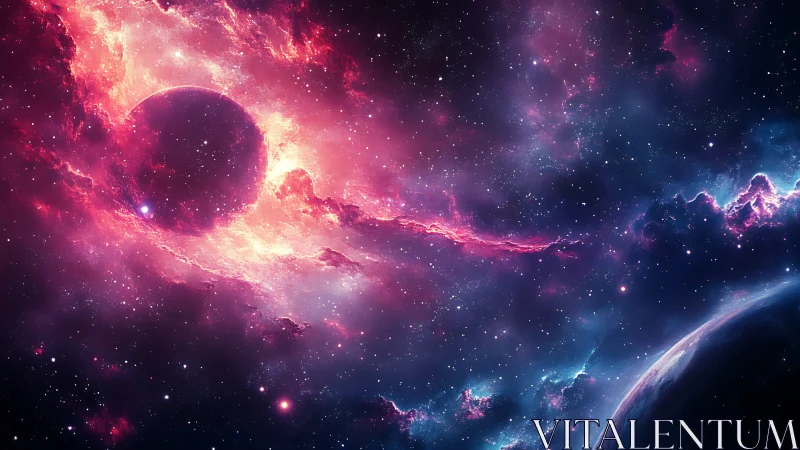 Glowing magenta nebula encircles dark planet in deep space