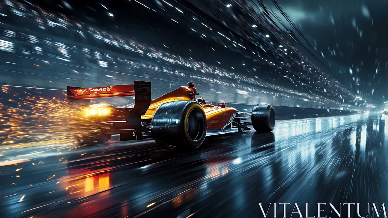 Orange formula race car accelerates on wet night track