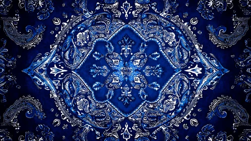 Symmetrical blue paisley textile pattern in radial layout.