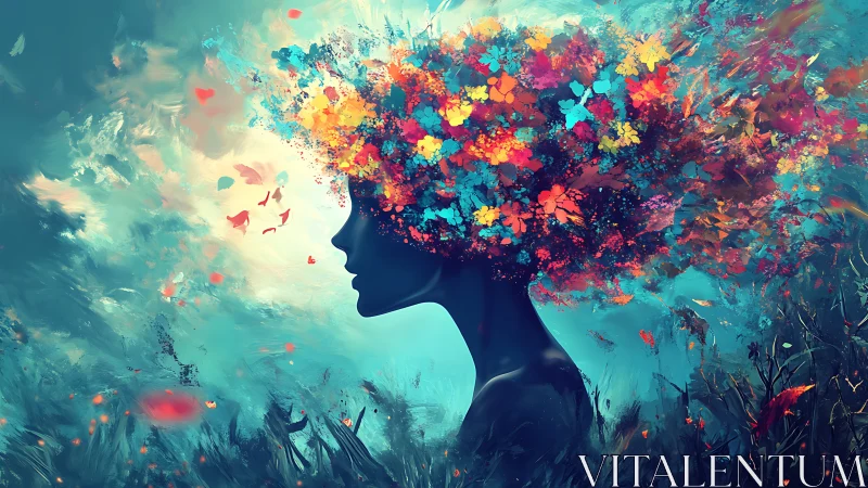 Silhouette profile with abstract floral explosion hair form.