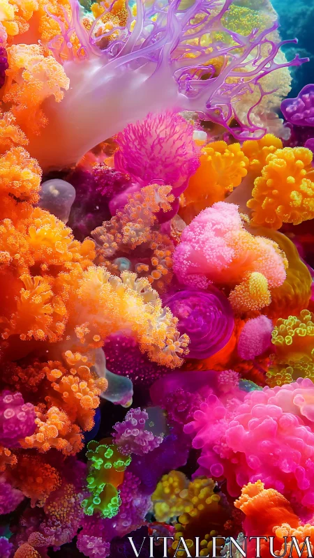 Vibrant digital reef with neon soft corals in bloom.