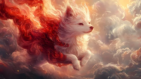 Cloudborn fox drifts through molten skies like quiet fire