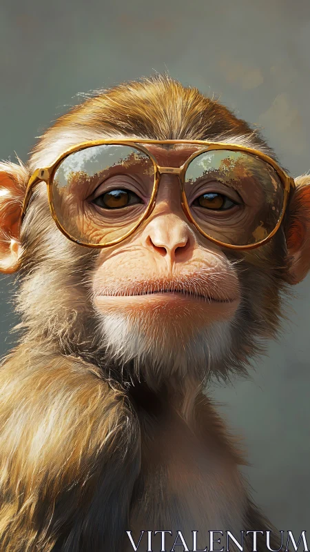 Highly detailed monkey portrait with reflective oversized glasses