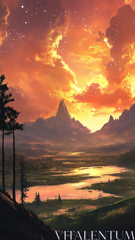 Mountain basin with reflective wetlands under orange sky.