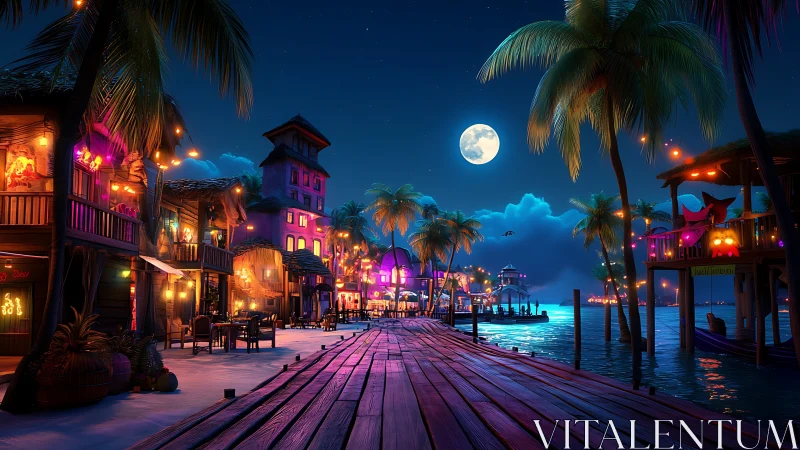 Moonlit boardwalk bazaar glowing with tropical neon dreams.