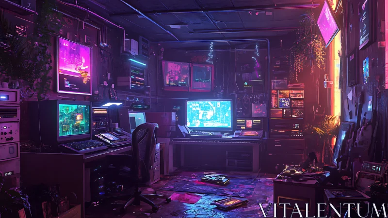 Neon hacker hideout humming with retro screens and secrets.