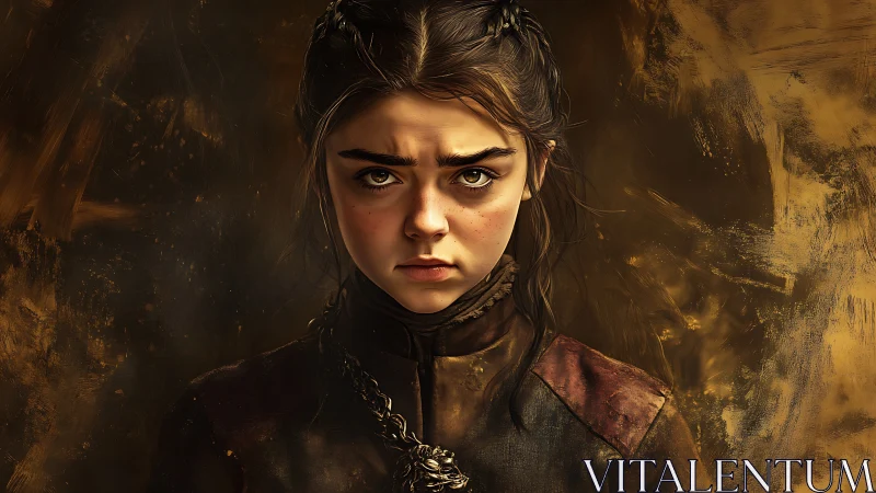 Young warrior girl stares forward with intense expression