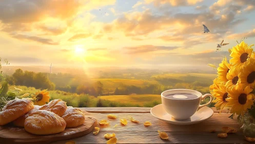 Sunrise breakfast dreamscape with coffee, pastries and sunflowers.