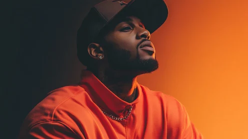 Low key portrait of man in orange streetwear under warm rim light