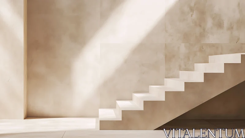 Minimalist white stairs descend through concrete interior space