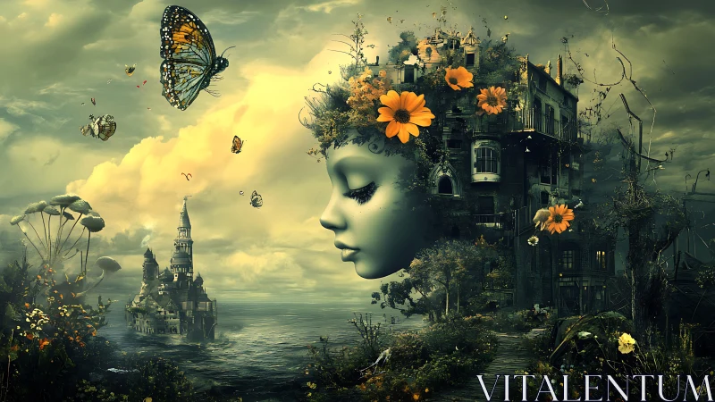 Surreal floating face merging with decayed house garden.