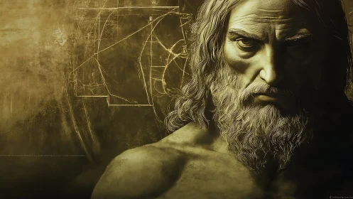 Brooding bearded figure emerges from golden geometric shadows