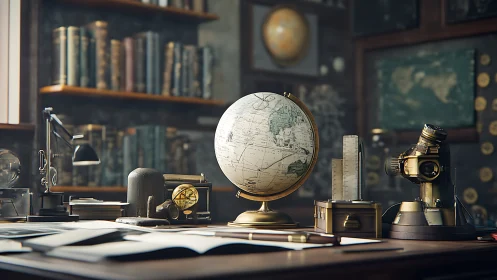Vintage globe stands centered on researcher’s cluttered desk