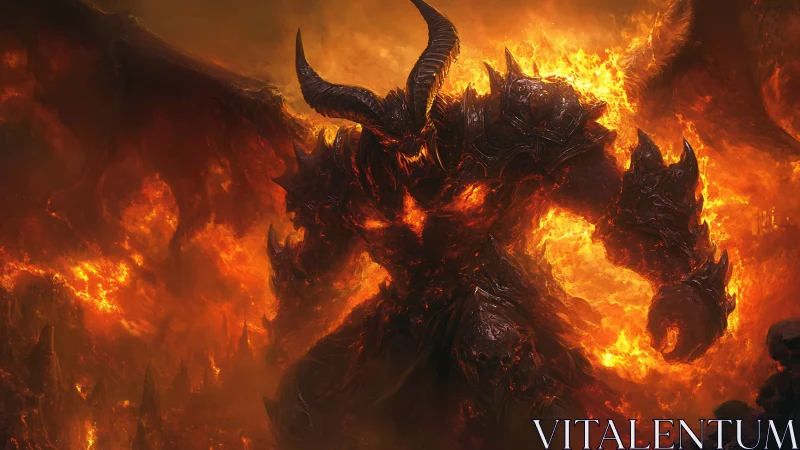 Infernal titan strides through roaring fire with burning power