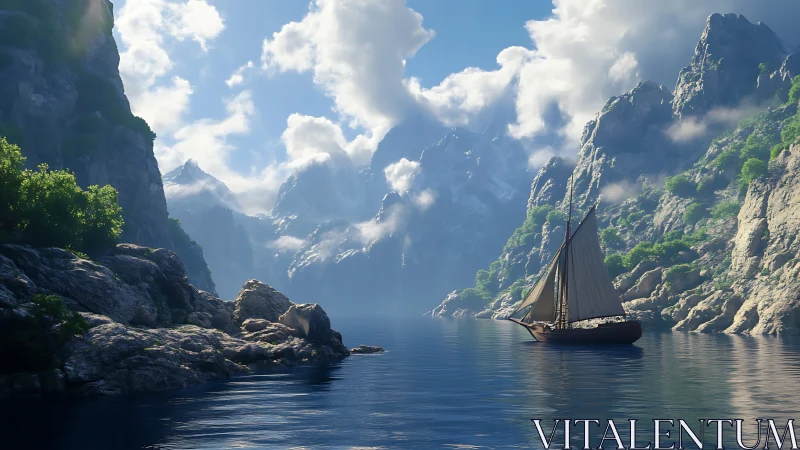 Sailboat on calm fjord between steep rocky green cliffs.