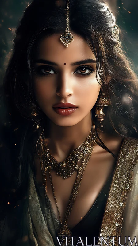 Regal woman in ornate jewelry gazes with intense, timeless calm