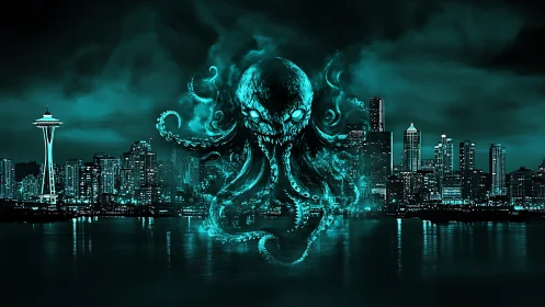 Eldritch sea monster rises over neon-lit Seattle skyline.