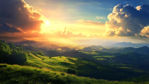 Sunlit valleys stretch beneath dramatic glowing storm clouds