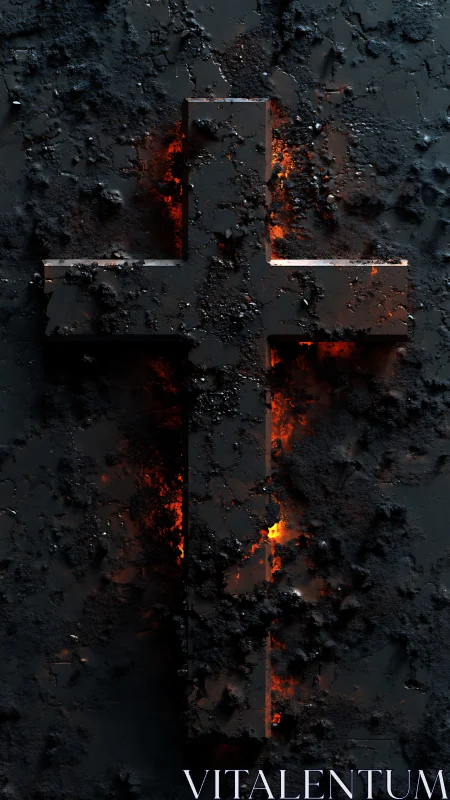 Charred cross shape with internal orange glow on black field.