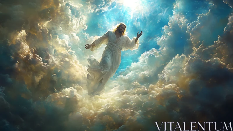 Radiant figure rising through golden, cloud-swept heavens.