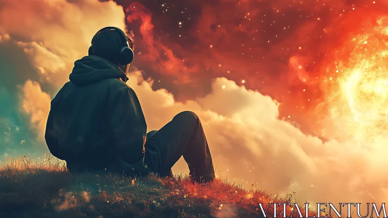 Solitary listener watches cosmic sunrise above glowing clouds.
