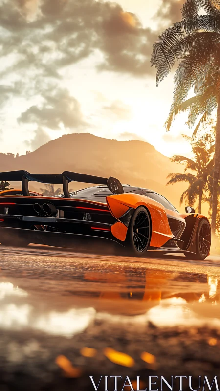 Sunlit supercar sprint under tropical after-rain glow.