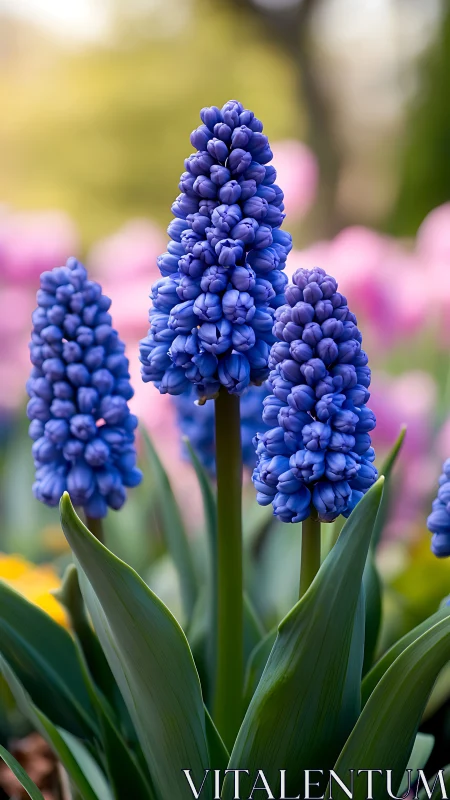 Vibrant Blue Grape Hyacinths Bloom in Spring Garden.
