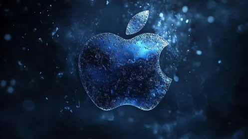 Blue glass apple logo in glowing particle cloud background.