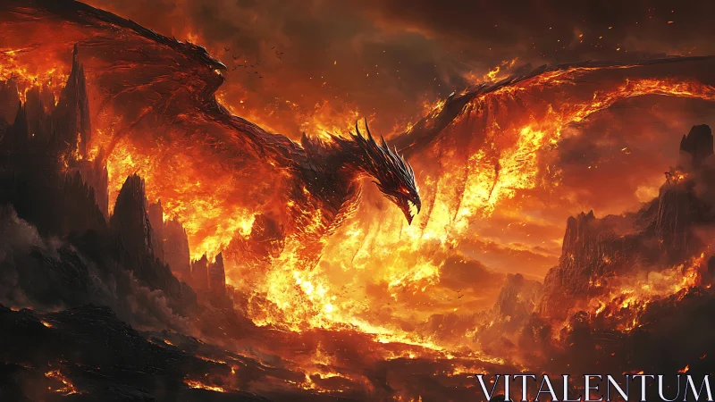 Blazing fire dragon spreads molten wings across volcanic sky