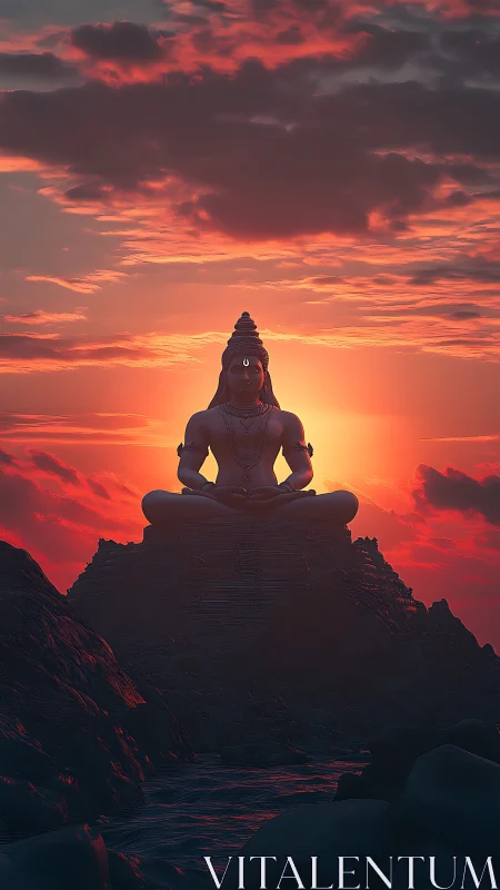 Serene Shiva statue in meditation against vivid sunset sky.
