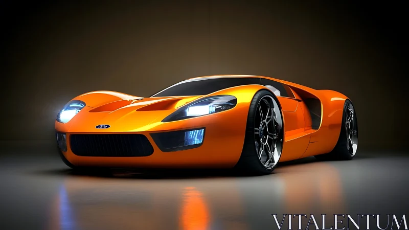 Low-angle render of orange supercar with dramatic studio lighting