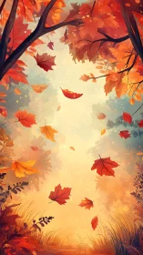 Gentle autumn leaves drifting through a glowing forest sky.