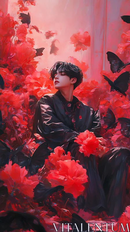 Midnight figure amid scarlet blossoms and dark butterflies.